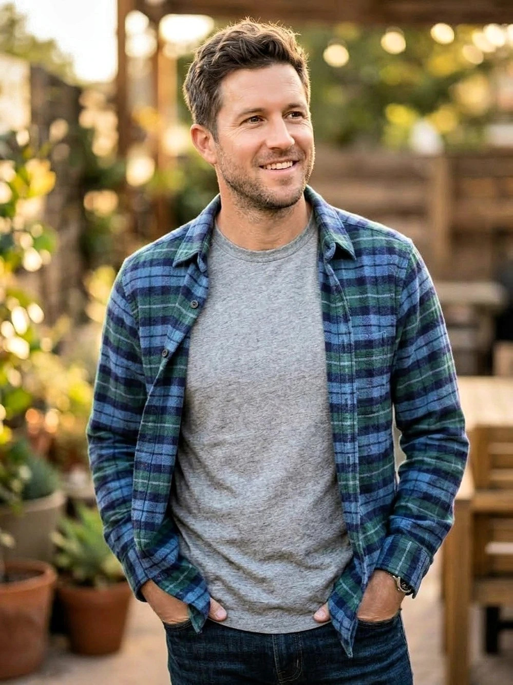 Faherty Flannel Shirt Shacket Men's Blue & Green Plaid Size Large